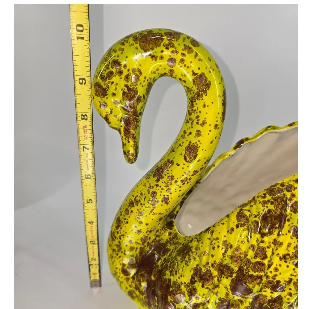 Vintage Mid Century Ceramic Swan Planter Chartreuse Yellow Tan Speckled Glaze